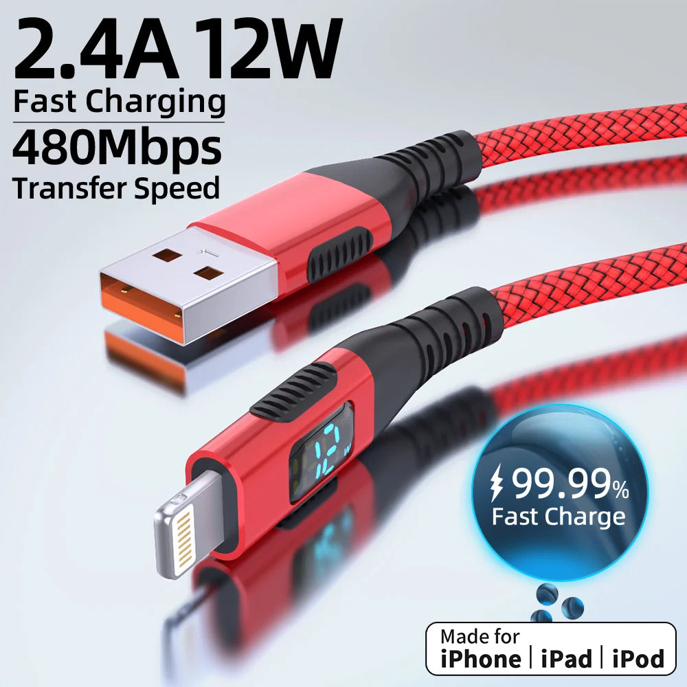 MFi Certified USB A to Lightning Fast Charging Cable with LED Display