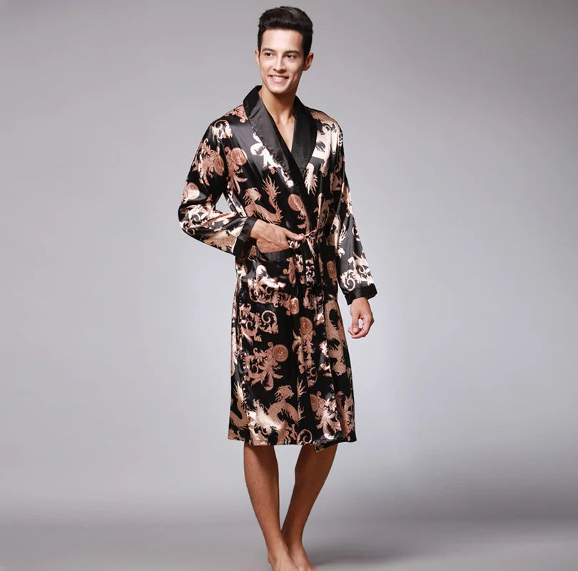 Traditional Japanese KIMONO Fashion YUKATA Oriental Gold Dragons Pattern Bathrobe Summer Men Ice Silk Robes Pajamas  Sleepwear