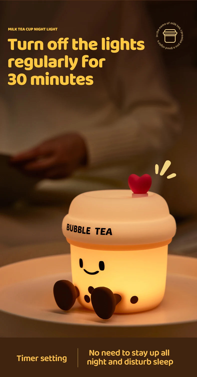 Bonita luz nocturna LED de té de burbujas | Lámpara de ambiente recargable