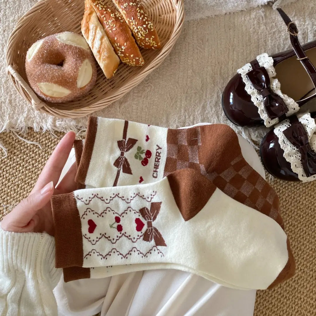 Cute Women's Mid-Calf Socks | Charming Cherry Bow Design