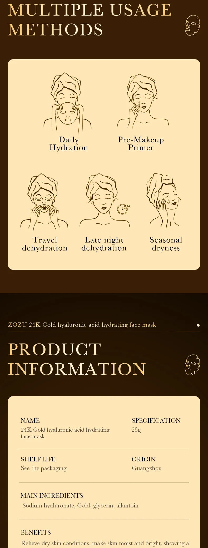 10pcs 24K Golden Hyaluronic Acid Face Masks for Glowing Skin