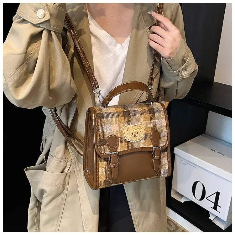 Cute Bear Backpack for Women | Vintage Plaid Student Bag