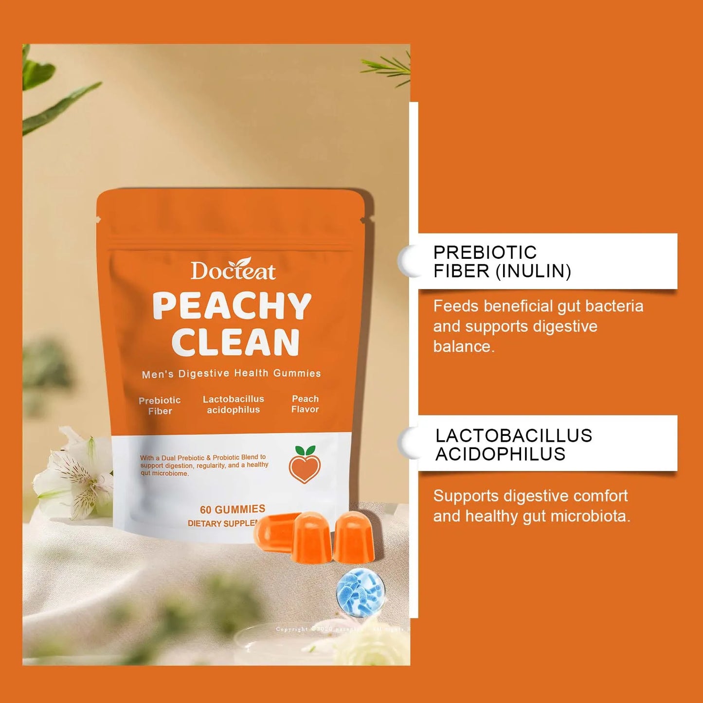 Men's Digestive Health Gummies | Peach Flavor Probiotic Blend