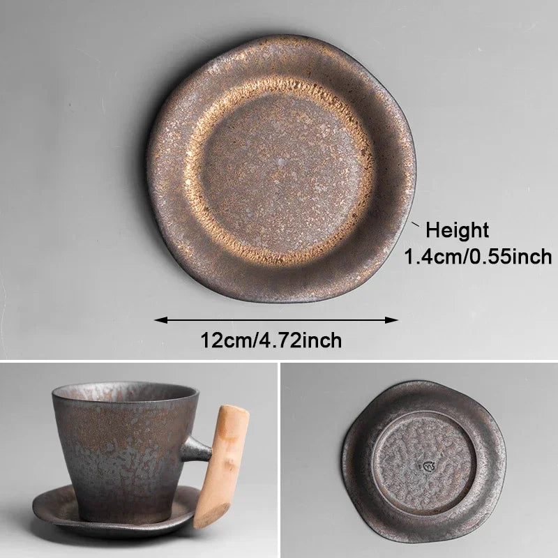 Vintage Ceramic Tea Cup Set with Wooden Handle | Elegant Drinkware