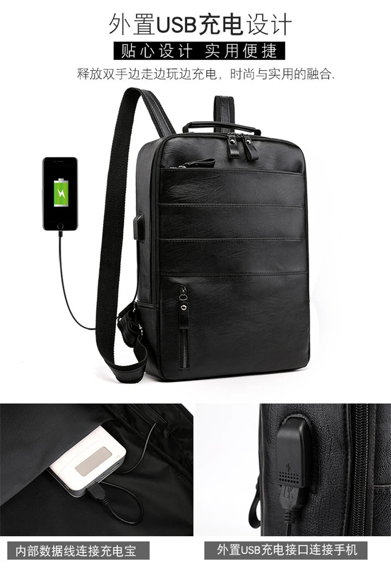 Waterproof PU Leather Business Backpack | Large Capacity USB Rucksack