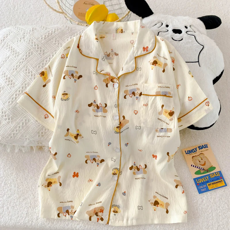 Casual Summer Women's Pajamas Set | Cute Cat & Dog Print Sleepwear