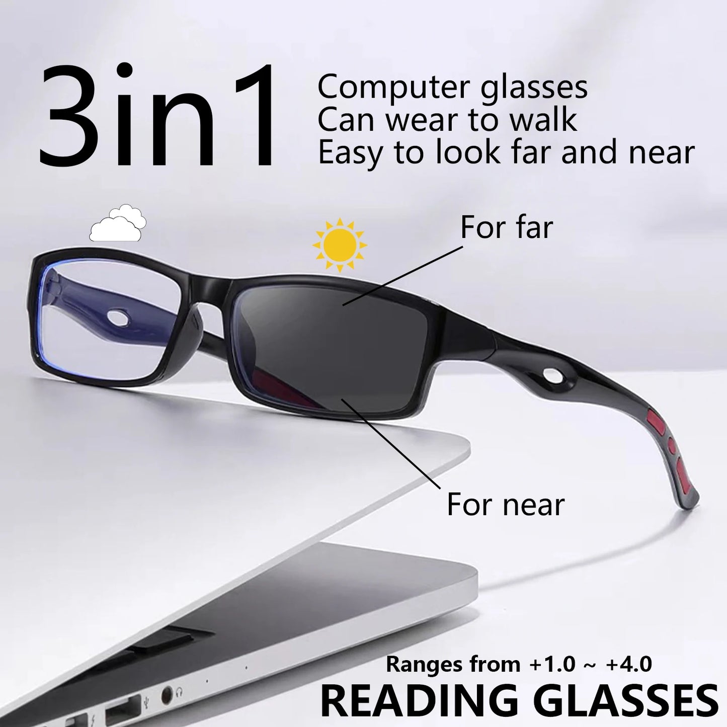 Sports Multifocal Photochromic Reading Glasses, Full Frame Anti-slip Ultralight Glasses From +1.0 To -+4.0