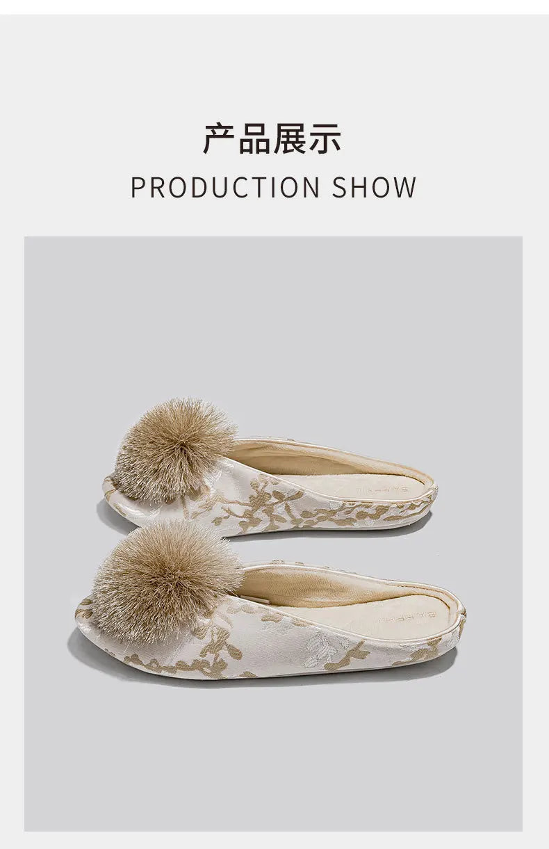 Ladies Indoor Cotton Slippers with Pom Poms | Stylish Comfort
