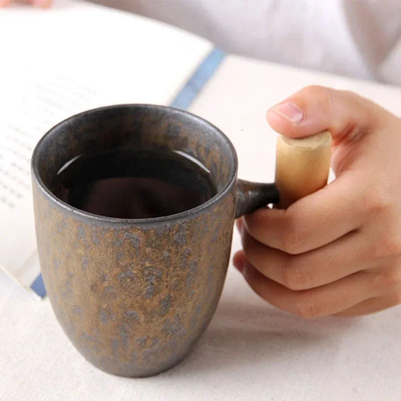 Vintage Ceramic Tea Cup Set with Wooden Handle | Elegant Drinkware