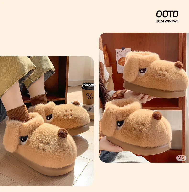 Women's Cute Cartoon Dog Plush Slippers | Fluffy Warm House Shoes