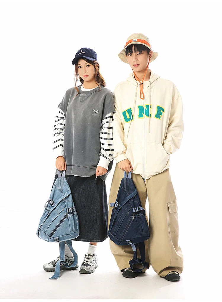 Vintage Washed Denim Sling Bag Man Woman Multifunction Retro Large Capacity Portable Motorcycle Chest Bag