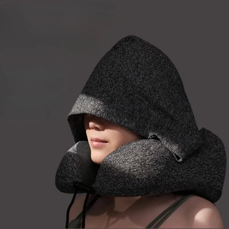 Foldable Memory Foam Travel Neck Pillow with Soft Contour Hood — U-Shaped Stress-Relief Pillow for Flights & On-The-Go Comfort