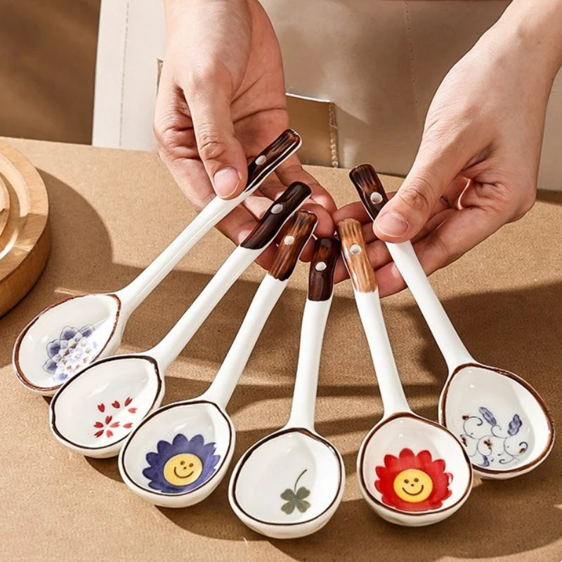 Cuchara de cerámica linda para sopa | Accesorio de cocina estilo japonés Kawaii