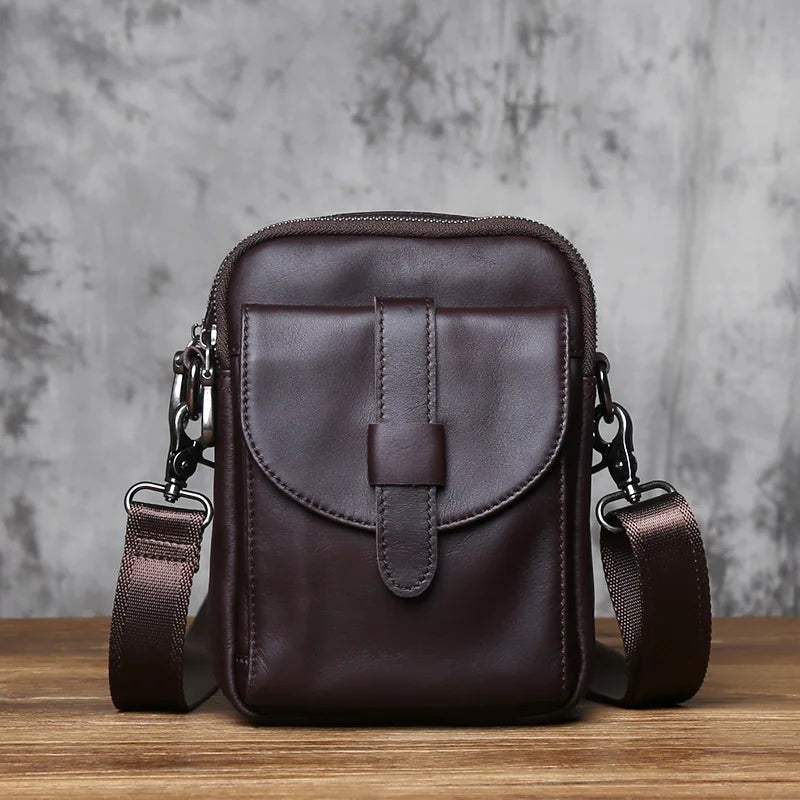 NZPJ Vintage Genuine Leather Men's Shoulder Bag Natural Cowhide Crossbody Bag Casual Small Backpack Suitable for 8-inch iPad