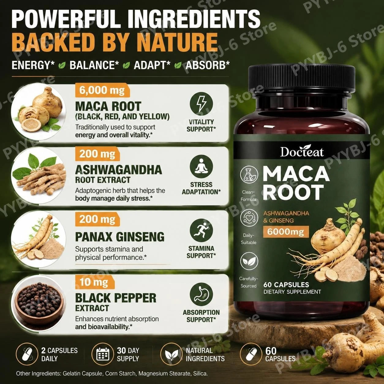 Maca Root Capsules 6000mg with Ashwagandha & Ginseng for Energy