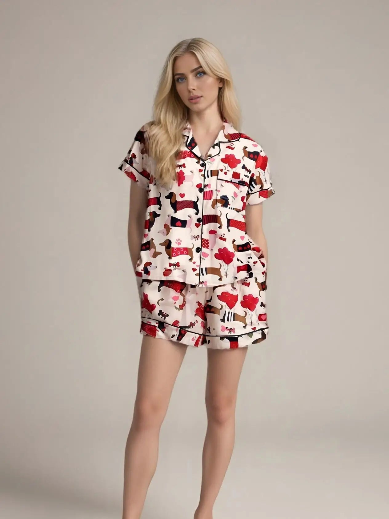 Cute Women’s 2 Piece Pajama Set | Short Sleeve Dog Print Lounge Wear