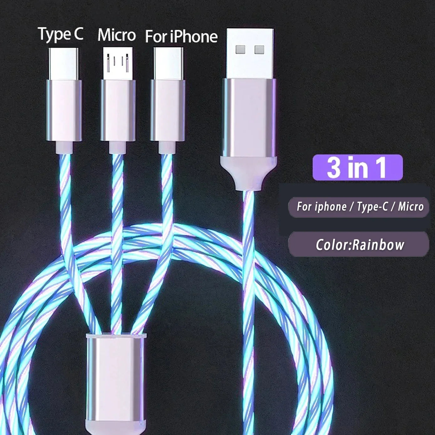 3 IN 1 Glowing LED Light Phone Charger | Luminous USB Type C Cable