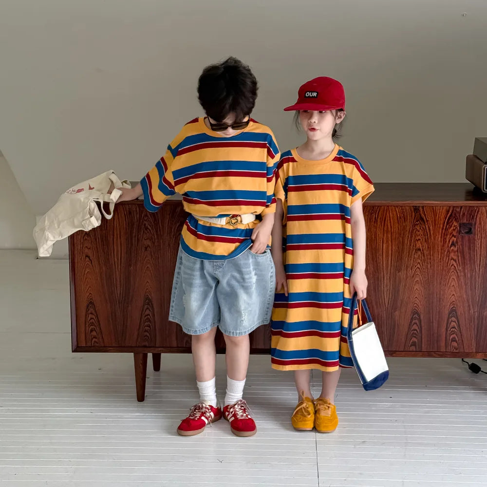 Children's Wide Striped Short-Sleeve T-Shirt for Summer Fun