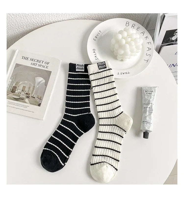 Trendy Striped Mid Tube Socks | Stylish Breathable Casual Wear
