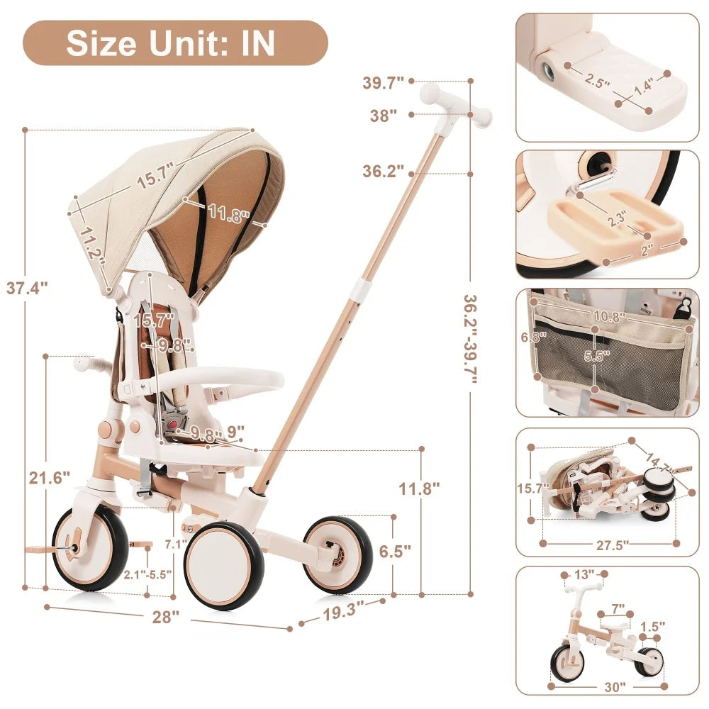 Portable 7-in-1 Toddler Tricycle | Adjustable Handle & Safety Guardrail