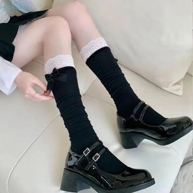 Elegant Japanese Lolita Mid-Tube Socks | Bow & Lace Design