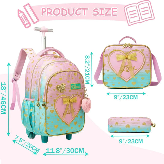 Set de Mochila Escolar Impermeable con Ruedas de 3 Piezas para Niñas