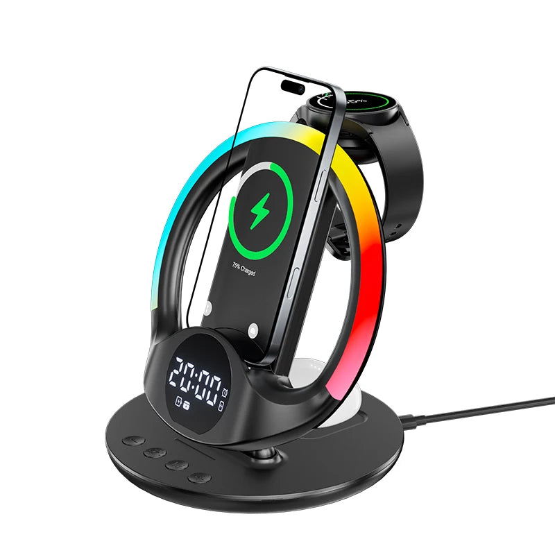 Cargador inalámbrico 6 en 1 con luz RGB y despertador | Carga rápida