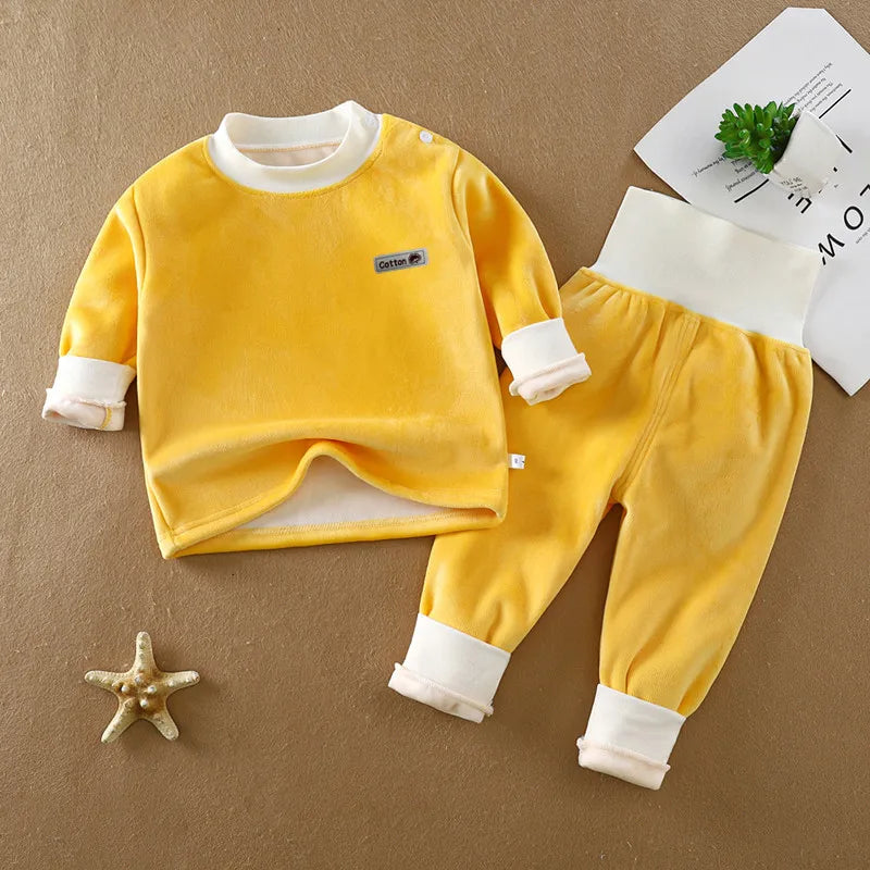 Unisex Kid's Fleece-Lined High Neck Top & Pants Set for Daily Wear