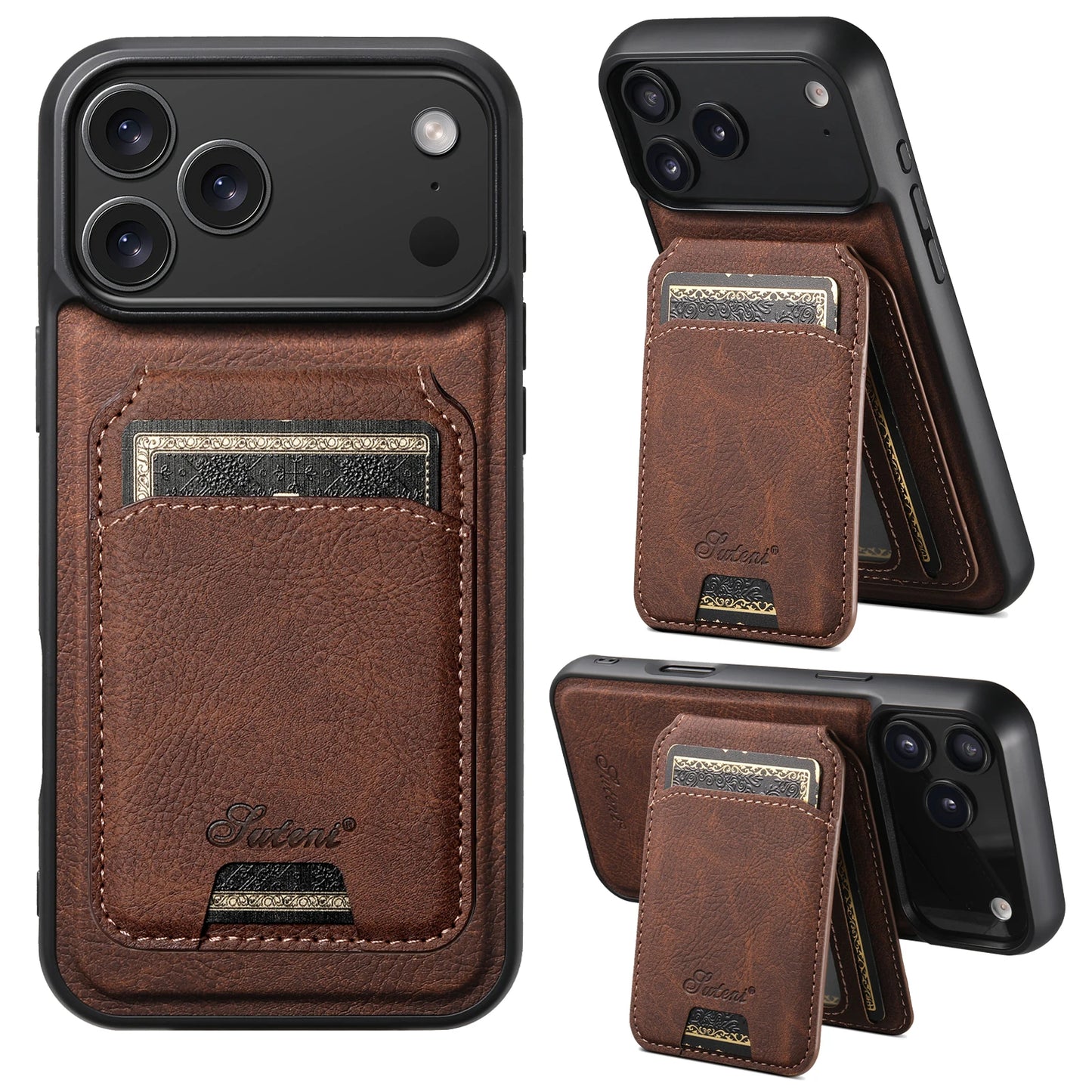 SUTENI Wireless Charging Phone Case Magnet Card Holder Stand Faux Leather For iPhone 17 Pro Max 16 Plus 15 14 13 12