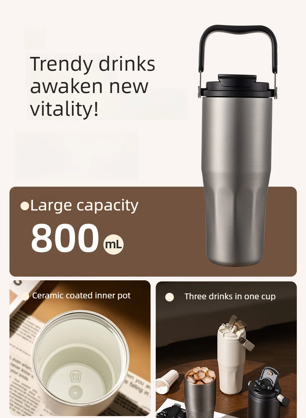 800ML Insulated Travel Tumbler with Straw & Tea Infuser | Leakproof Design