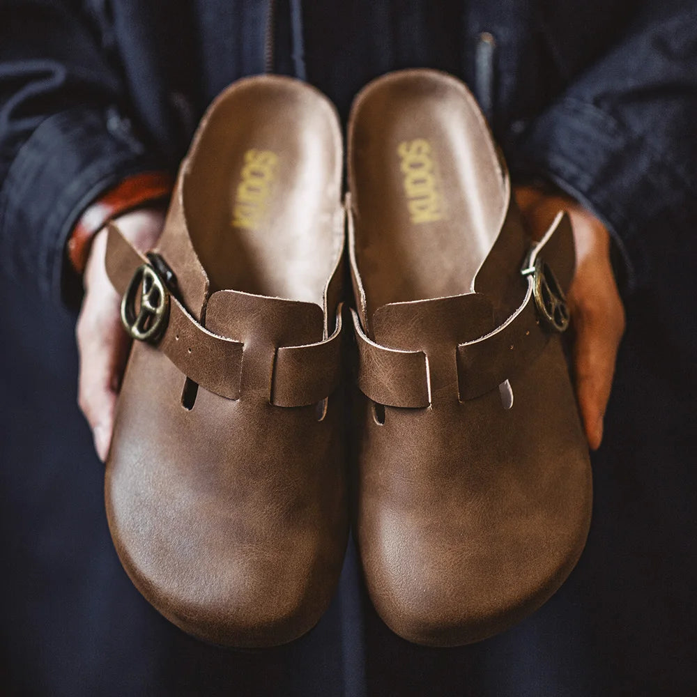 Men's Vintage Brown Leather Mules | Comfortable Slide-On Slippers