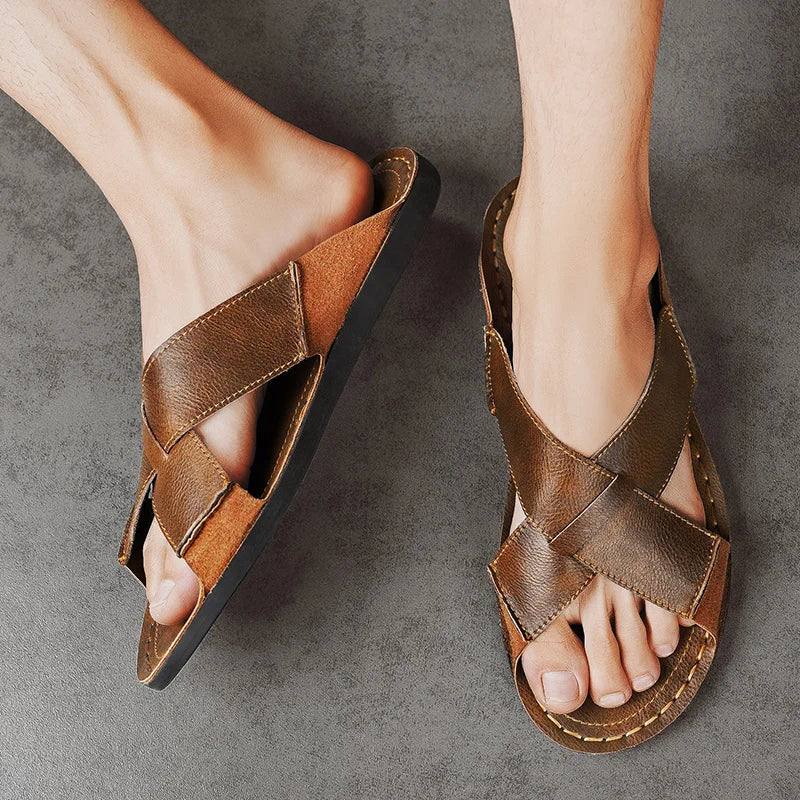 Plus Size Men Leather Slippers Homes In Indoor Slippers Summer Open Toe Sandals Comfy Antiskid Soft Bottom Casual Walking Shoes