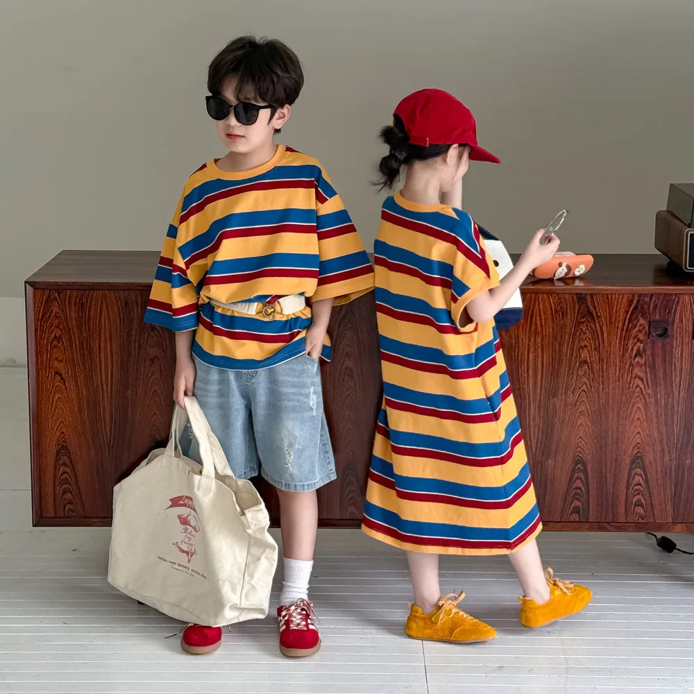 Children's Wide Striped Short-Sleeve T-Shirt for Summer Fun