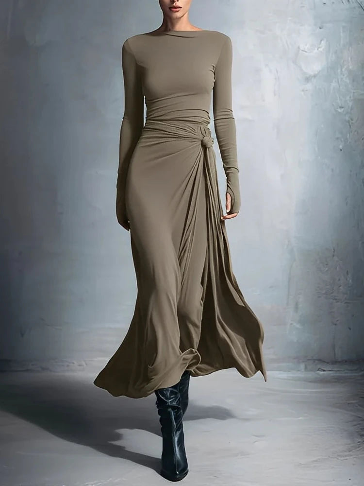 Elegant Long Sleeve Ruched Maxi Dress for Women | Autumn Fashion