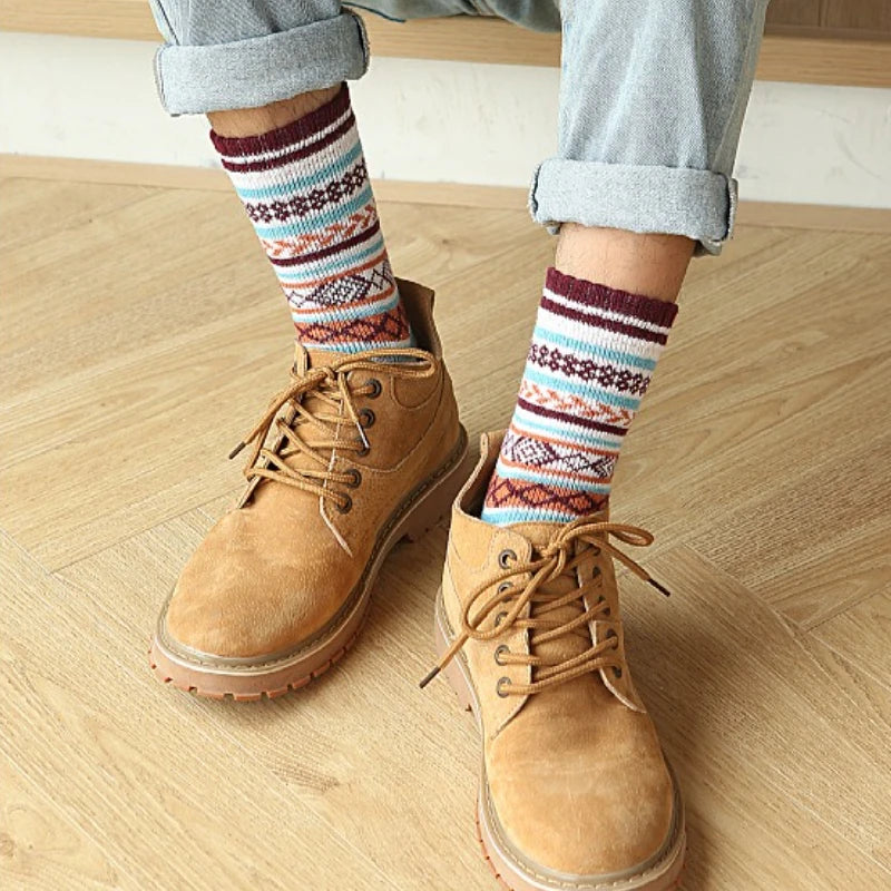 Men's Thick Cotton Mid Tube Socks | Warm Retro Ethnic Stripes