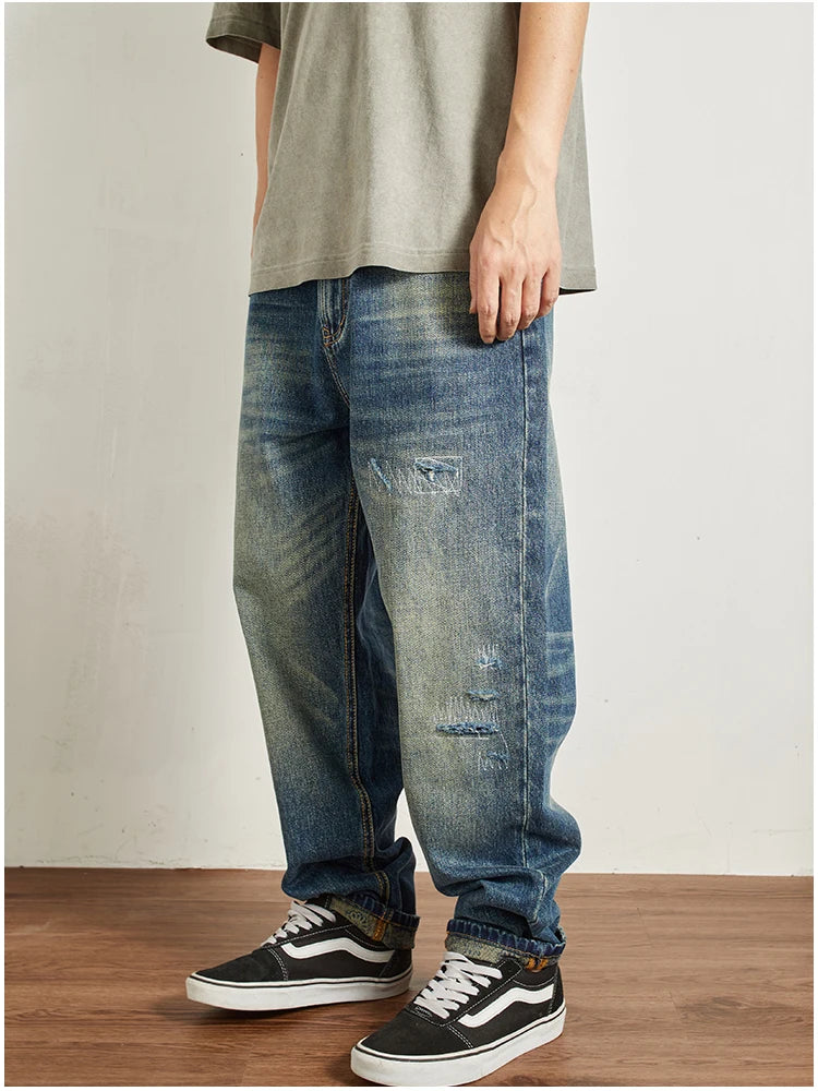 Men's Ripped Vintage Jeans | Casual Heavy Straight Leg Denim