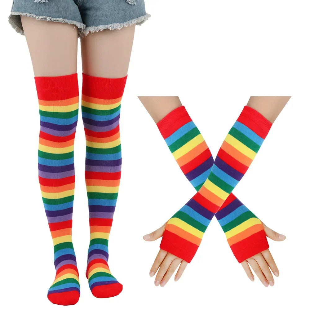 Women’s Rainbow Stripes Over Knee Socks & Elbow Gloves Set