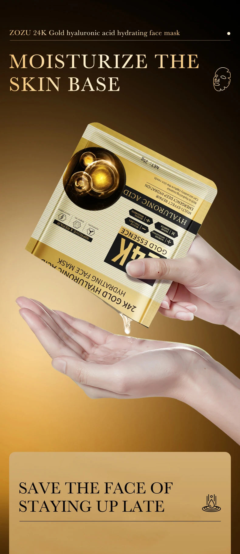 10pcs 24K Golden Hyaluronic Acid Face Masks for Glowing Skin