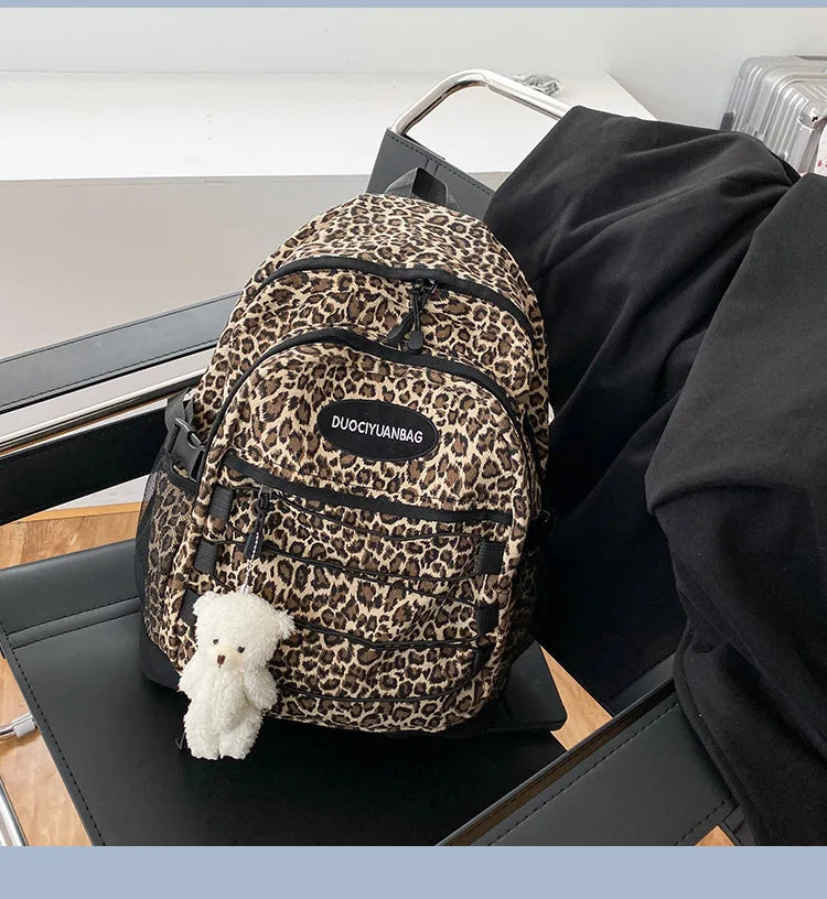 Vintage Leopard Print Backpack, Large Capacity School Bookbag with Side Mesh Pouch, for Students Travel Outdoor Streetwear