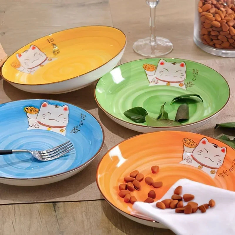 Multi-Color Cartoon Lucky Cat Round Ceramic Plate | Joyful Dining
