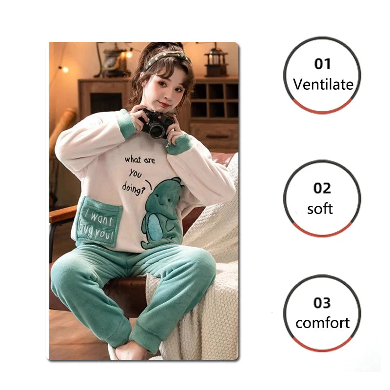 Winter Warm Flannel Sleepwear Set | Cozy Cartoon Two-Piece Loungewear