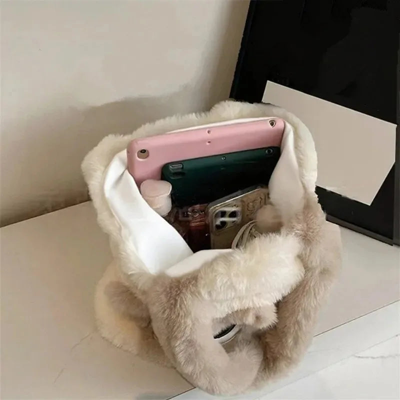 Cute Cartoon Women's Cat Pattern Tote Bag | Plush Shoulder Handbag