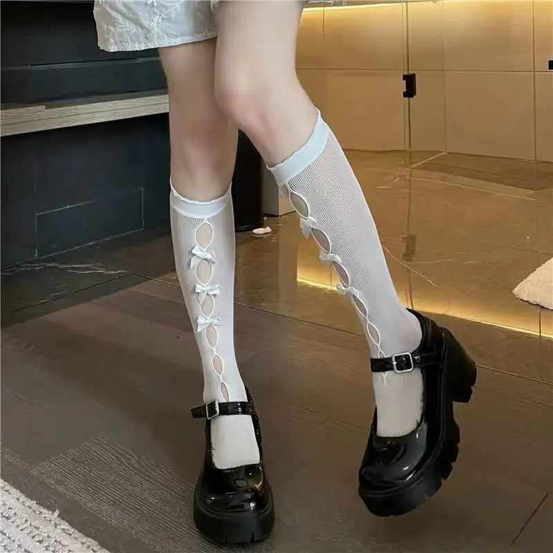 Kawaii Hollow Out Mesh Fishnet Socks | Cute Bow Long Stockings