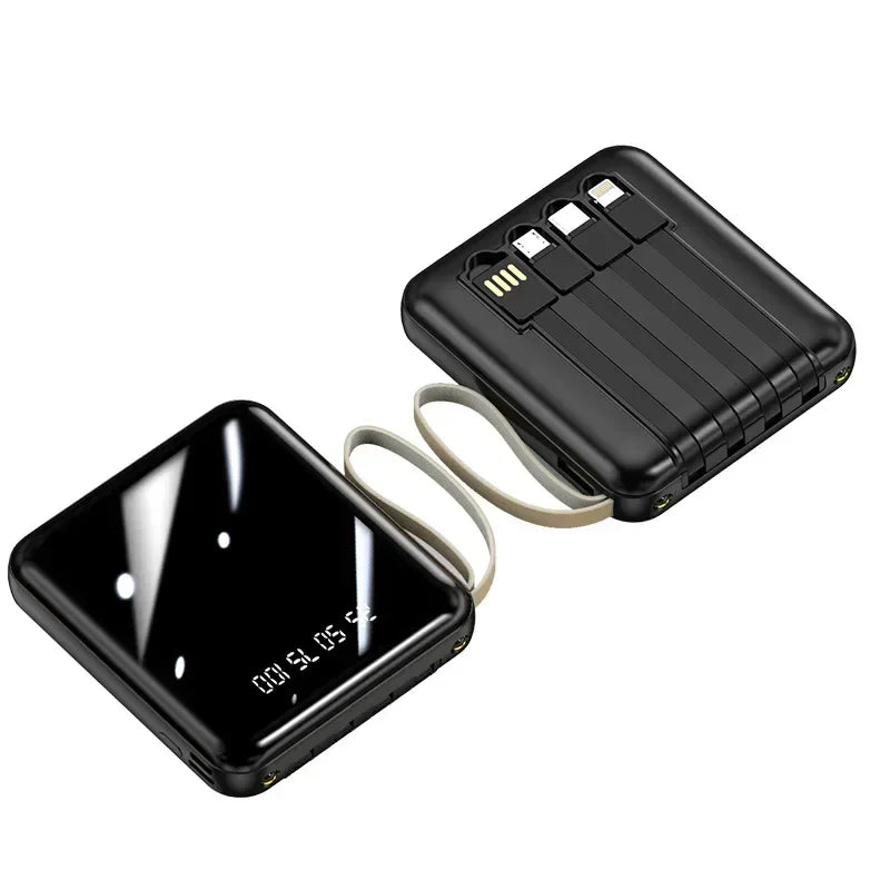 High-Capacity Mini Power Bank with LED Display & Built-in Cable