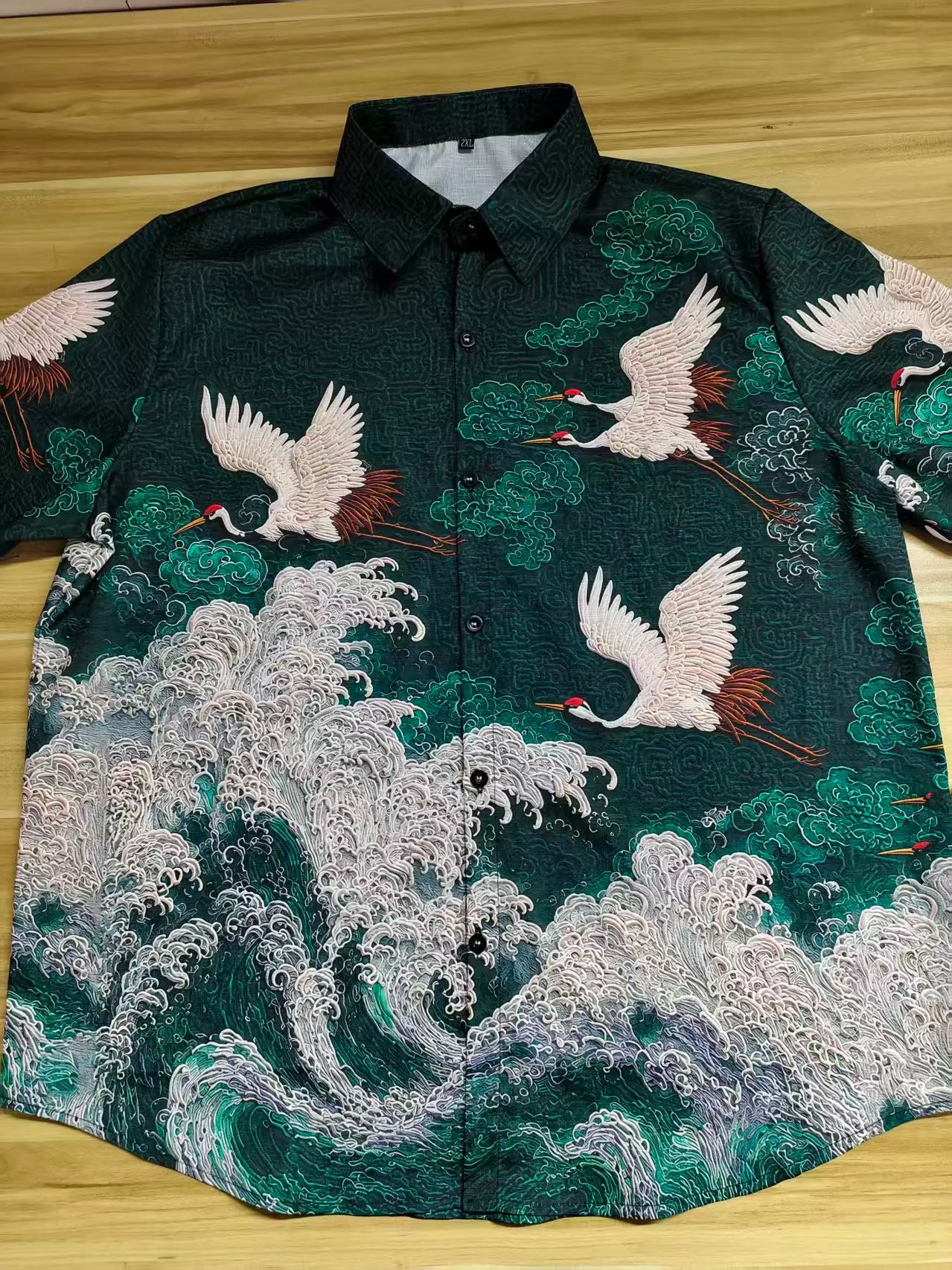 Men's Casual Short Sleeve Shirt | Dark Green Crane Pattern Fabric