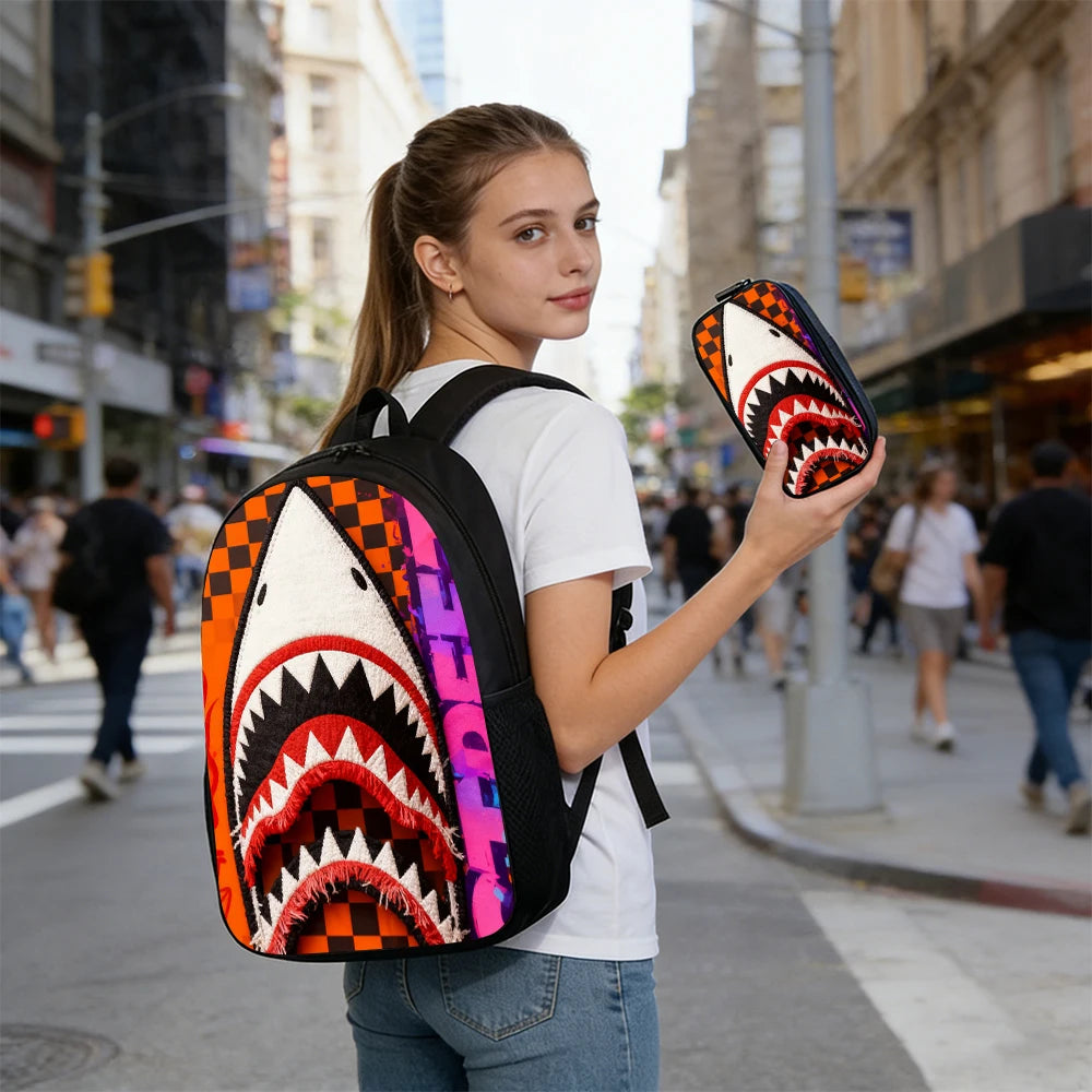 Trendy Shark Graphic Backpack Set | Perfect for School & Fun