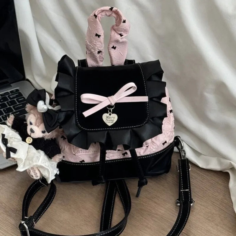 Stylish Black Pink Bow Ruffled Backpack for Women & Girls