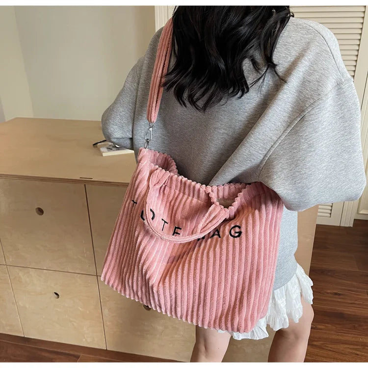 Bolso de mano de terciopelo a rayas de gran capacidad | Bolso tote elegante y versátil
