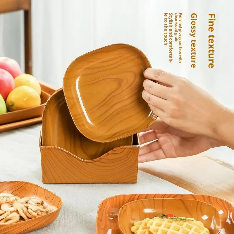 Wood Grain Plastic Square Plate Set | Stylish Dinnerware Collection