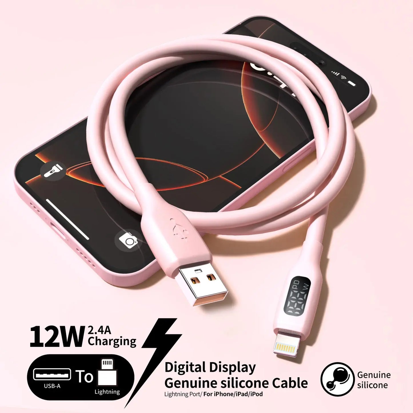 Soft Silicone USB A to Lightning Charging Cable | Macaron Pink